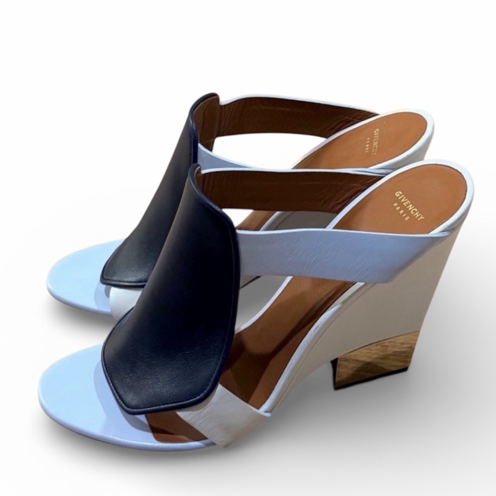 Givenchy Paris Leather Colorblock Wedge Sandals Gold Heel Blue White 41 11 - Picture 3 of 11